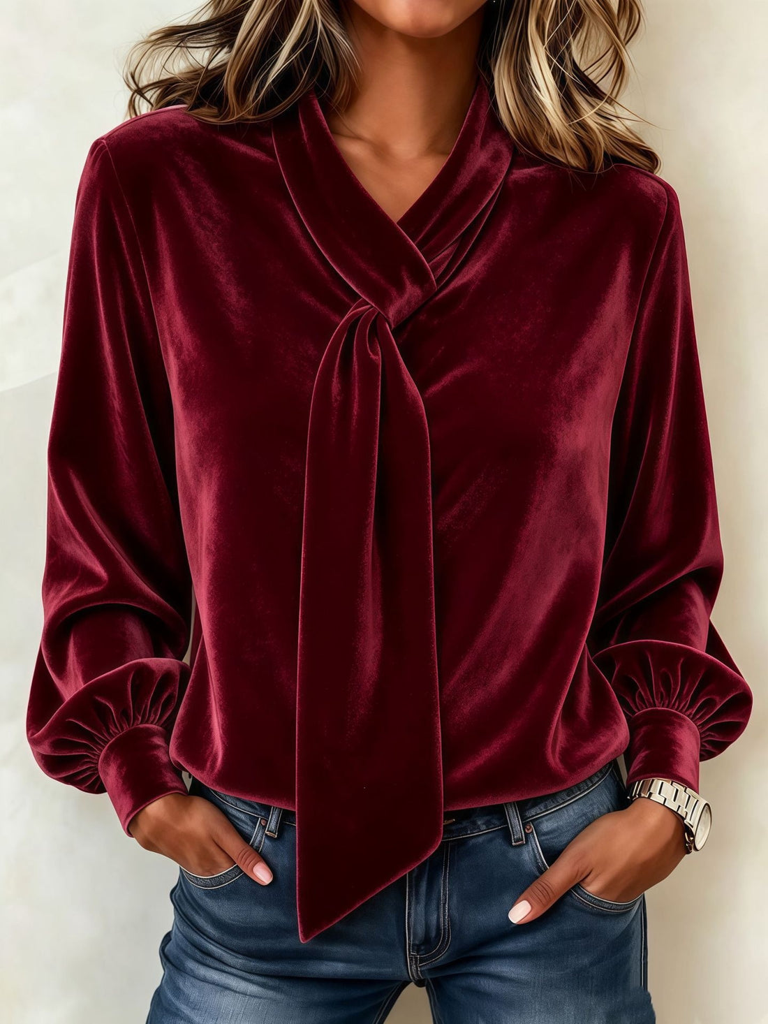 Damen Samtbluse mit Schluppe, Ballonärmeln und gerafften Manschetten Echo Archiv