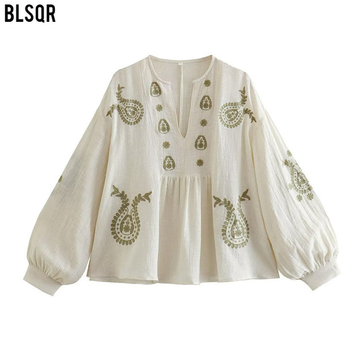 Damen bestickte Baumwoll-Tunika mit weitem Fall, Paisley-Motiven und Ballonärmeln Echo Archiv