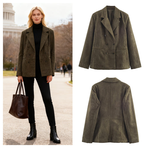 Damen Zweireihiger Wildlederoptik-Blazer mit Reverskragen und Pattentaschen Echo Archiv