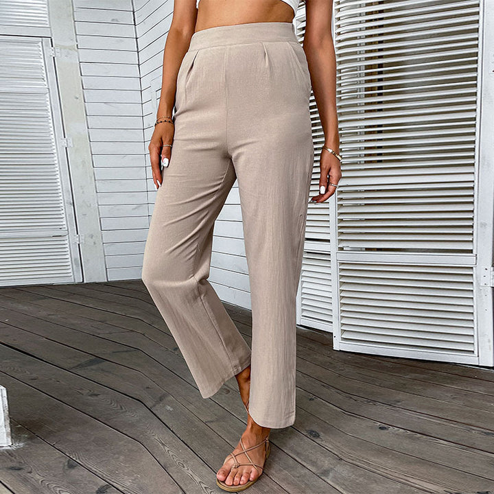 Damen Leichte Leinenoptik-Hose mit hoher Taille und geradem Bein Echoarchiv