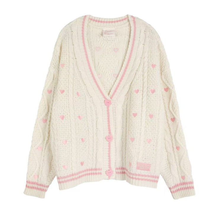 Damen nan grob gestrickter V-Ausschnitt-Cardigan mit Herzapplikationen und dekorativen Herzknöpfen Echo Archiv