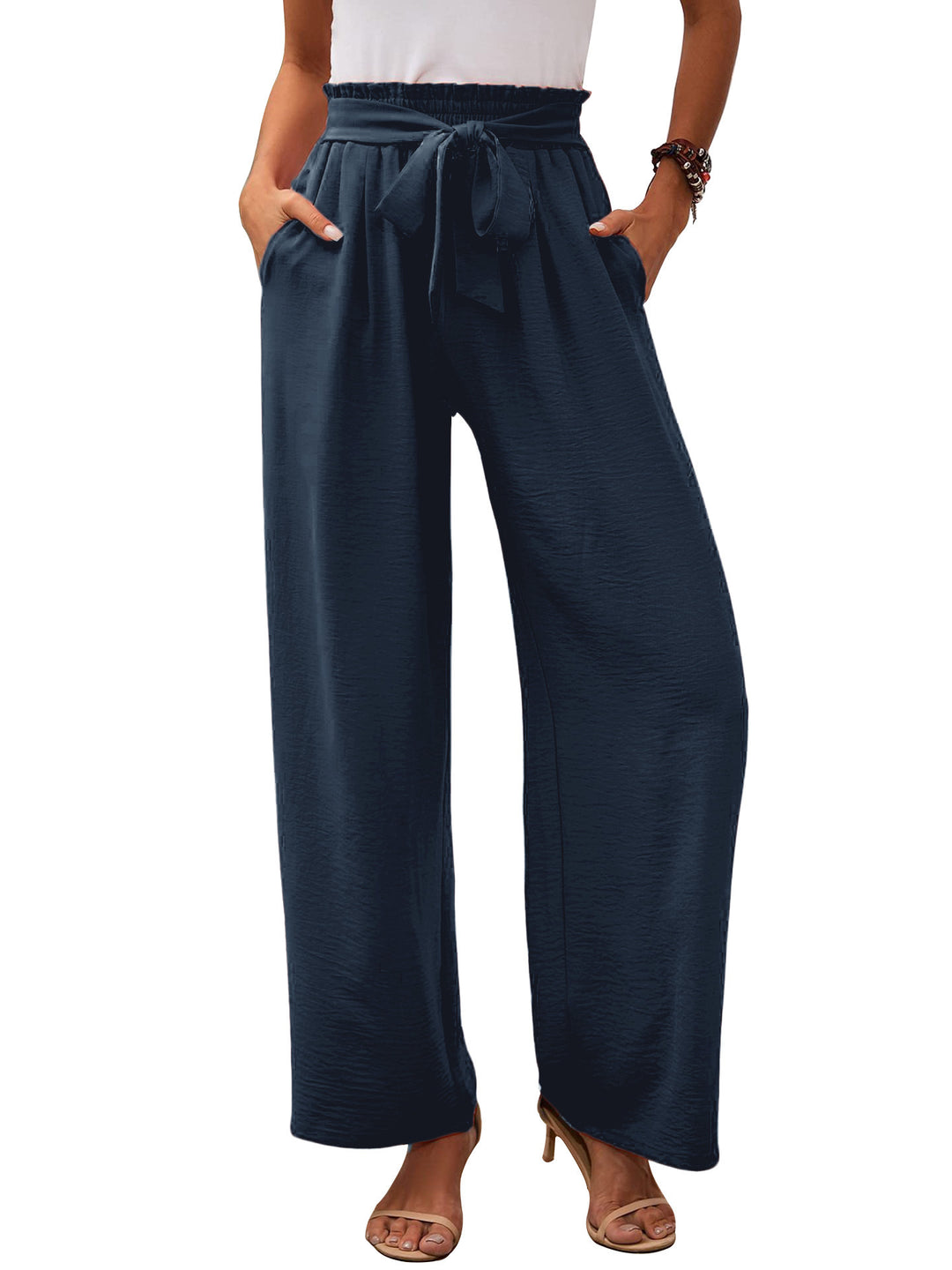 Damen Paperbag-Hose mit weitem Bein, elastischer Taille und Bindegürtel Echoarchiv
