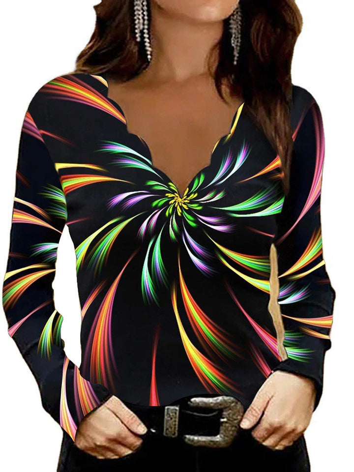 Damen Glitzer-Intarsien Langarmshirt mit V-Ausschnitt und Schmuckstein-Effekt – Maréline
