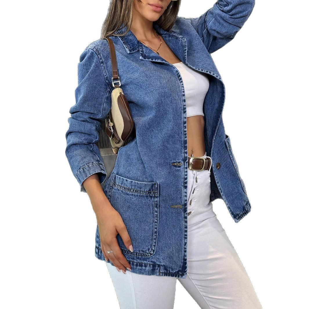 Damen Longline-Denimjacke mit lässigem Oversize-Schnitt und aufgesetzten Taschen Echo Archiv