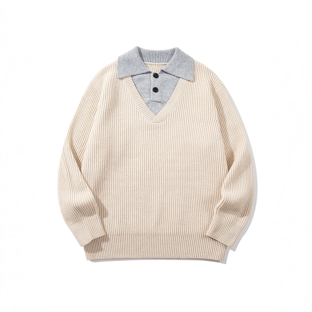 Herren Gerippter Strickpullover mit Polokragen‑Einsatz und tiefem V‑Ausschnitt Echoarchiv