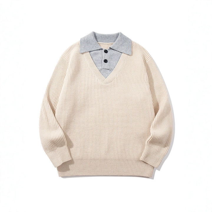 Herren Gerippter Strickpullover mit Polokragen‑Einsatz und tiefem V‑Ausschnitt Echoarchiv