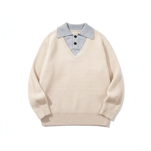 Herren Gerippter Strickpullover mit Polokragen‑Einsatz und tiefem V‑Ausschnitt Echoarchiv