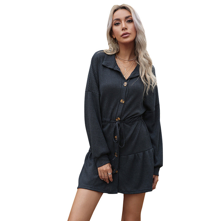 Damen strukturiertes geripptes Hemdkleid mit Taillenzug und Stufenrock Echoarchiv