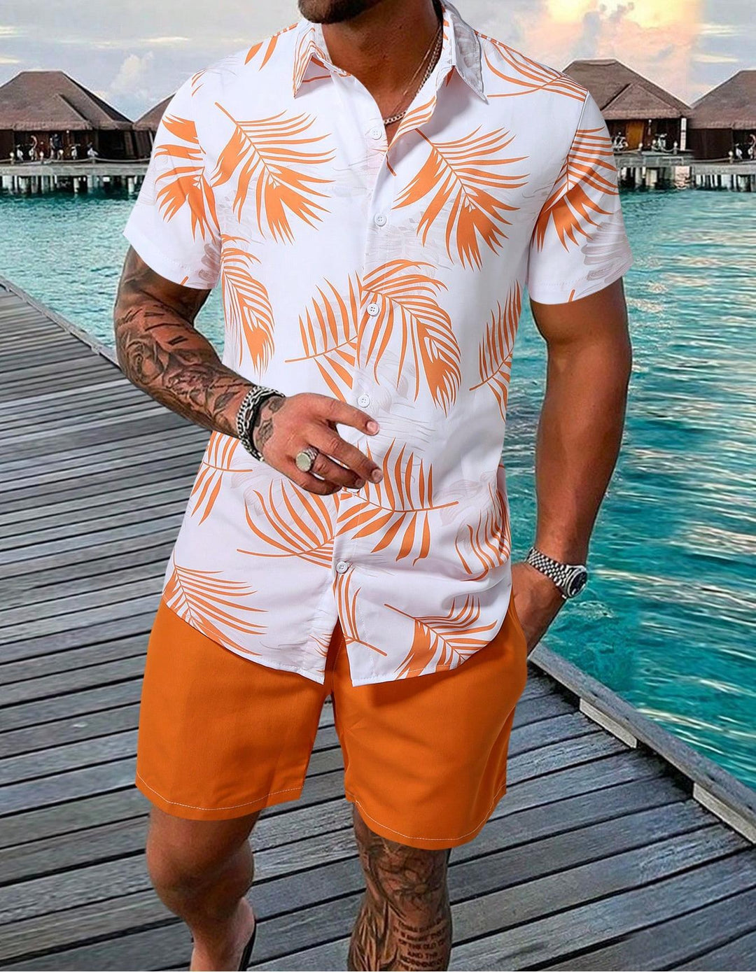 Herren Kurzarmhemd und Shorts Set mit tropischem Muster Echoarchiv