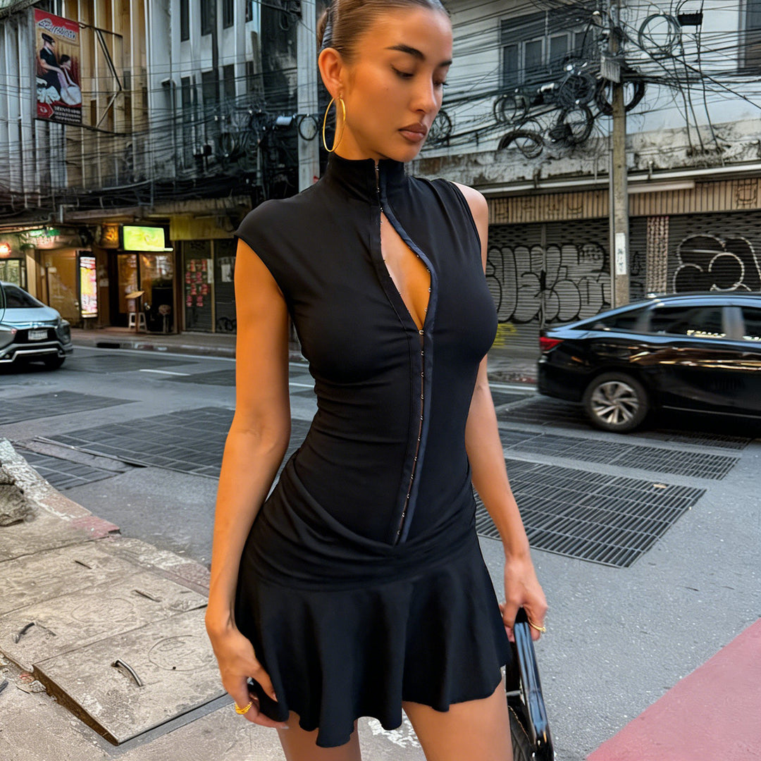 Damen elegantes Stretchkleid mit hochgeschlossenem Kragen und Rüschendetails Echo Archiv
