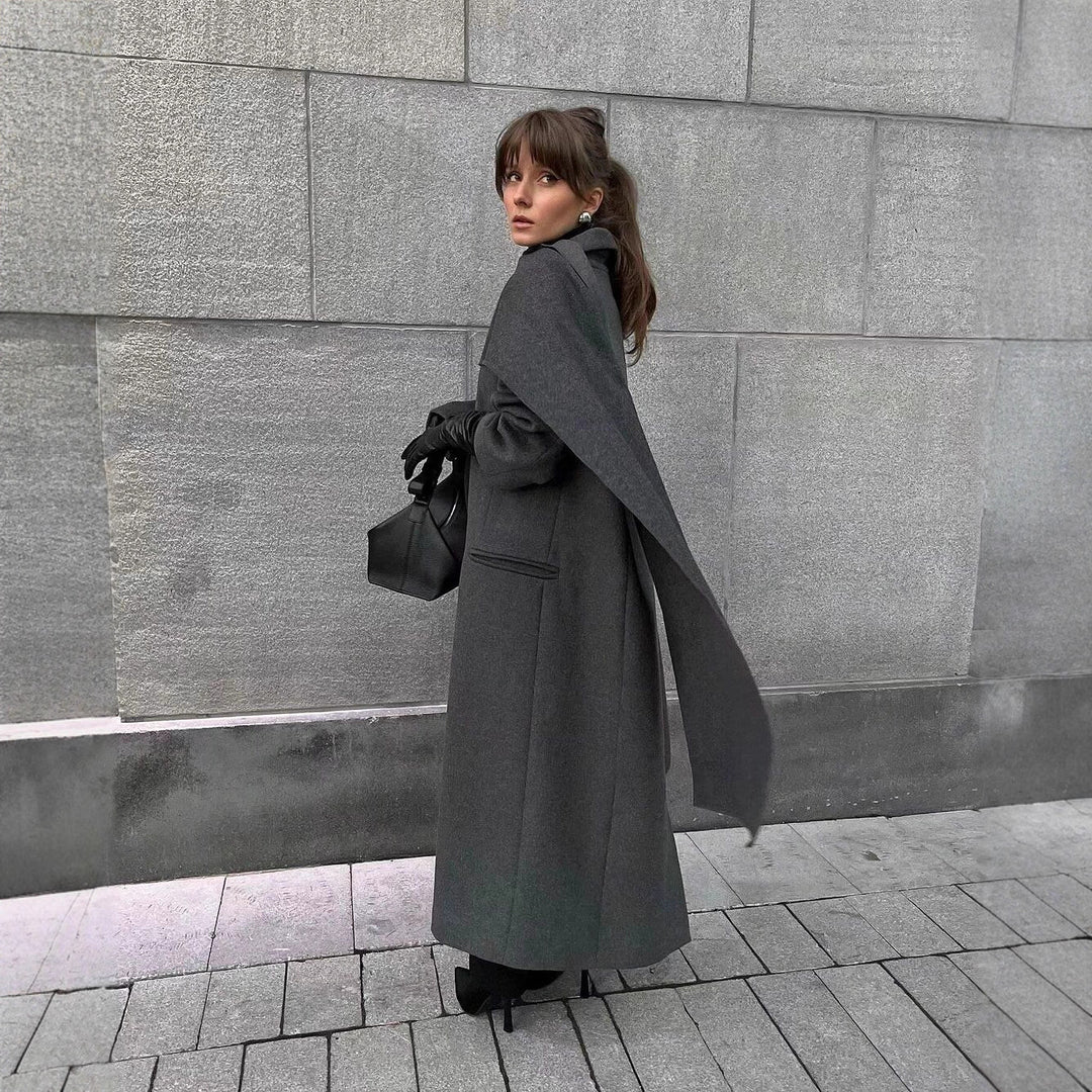 Damen Maxilanger Wollmix-Mantel mit integriertem Loop-Schal und cleanem Revers Echo Archiv