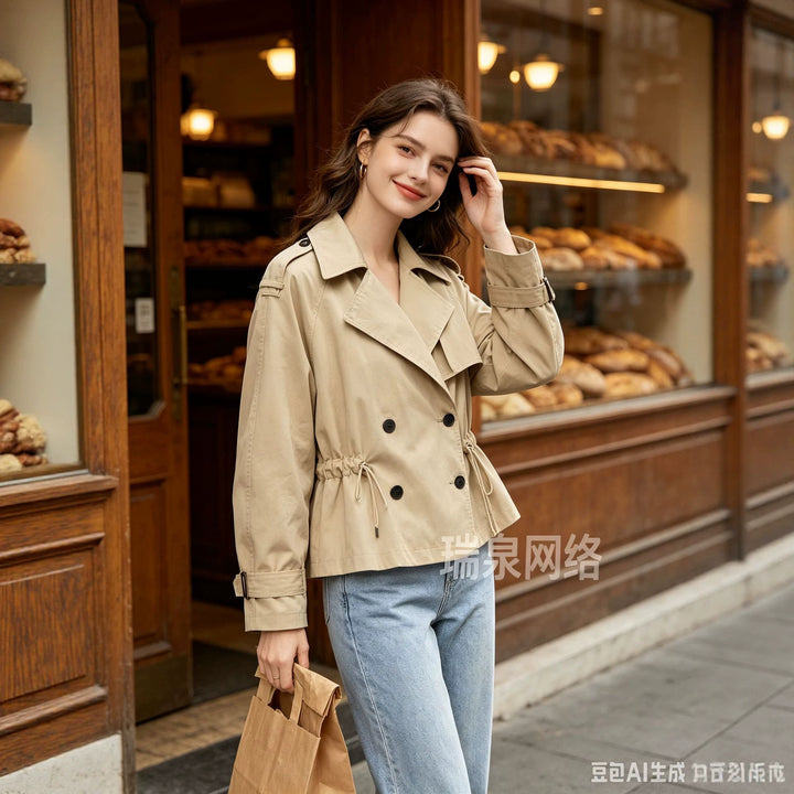 Damen Cropped-Trenchcoat mit Taillengürtel und weitem Ärmel Echoarchiv