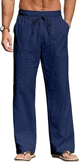 Herren nan leichte Leinenhose mit elastischem Bund, Kordelzug und aufgesetzten Taschen Echo Archiv