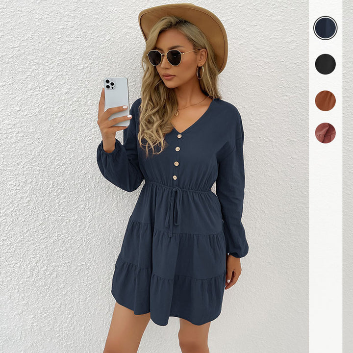 Damen Gestuftes Viskose-Minikleid mit Taillenschnur und Knopfdetail Echoarchiv