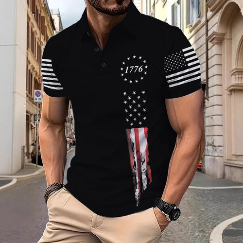 Herren Poloshirt mit patriotischem Grafikdesign und stylishem V-Ausschnitt Echoarchiv