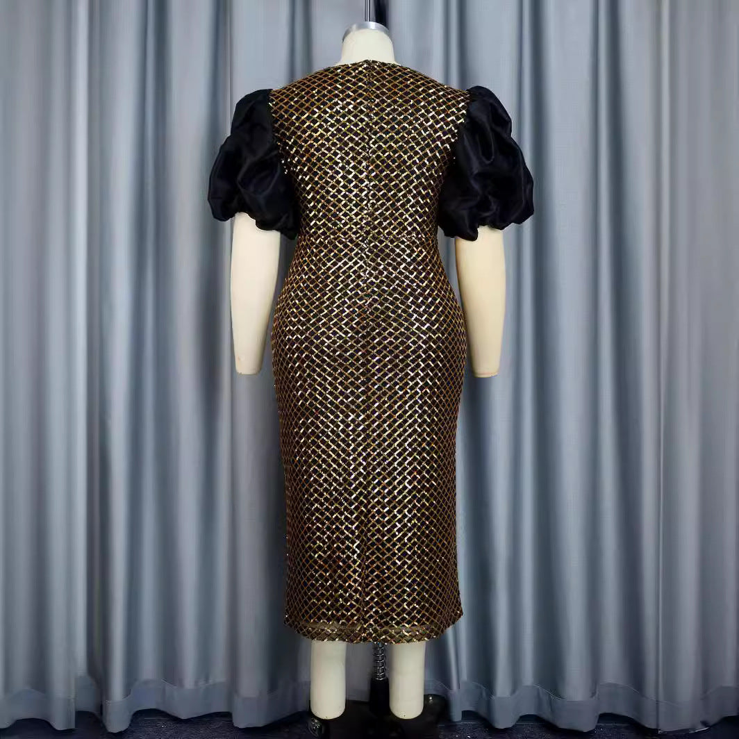 Damen Elegantes Cocktailkleid mit voluminösen Puffärmeln und schimmerndem Netzdesign Echo Archiv
