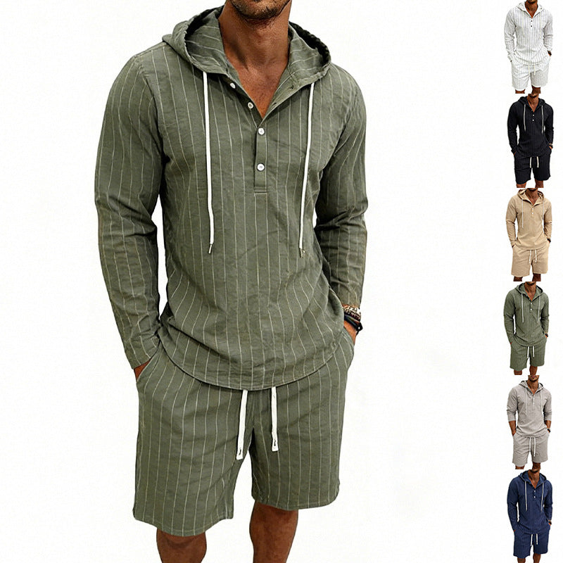 Herren nan gestreiftes Leinenoptik-Kapuzen-Henley-Set mit Tunnelzug-Shorts Echo Archiv