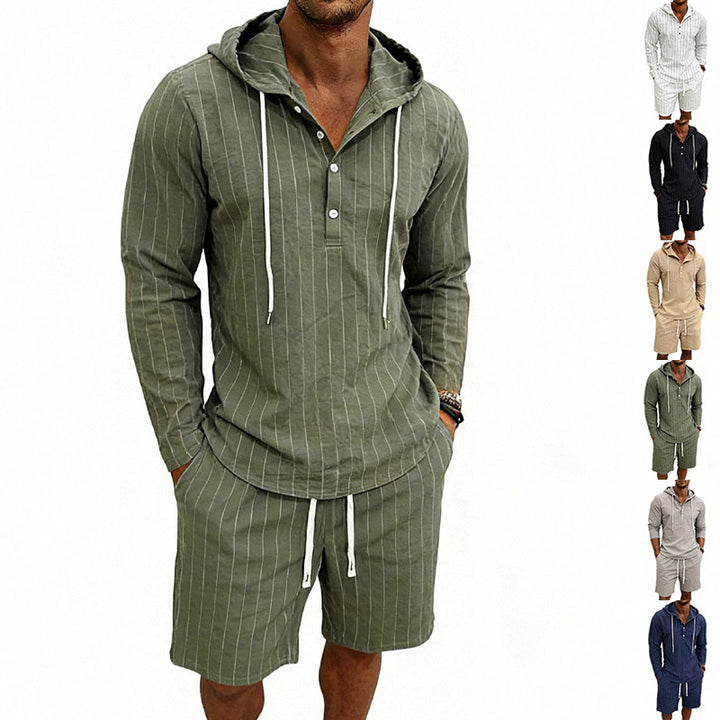 Herren nan gestreiftes Leinenoptik-Kapuzen-Henley-Set mit Tunnelzug-Shorts Echo Archiv