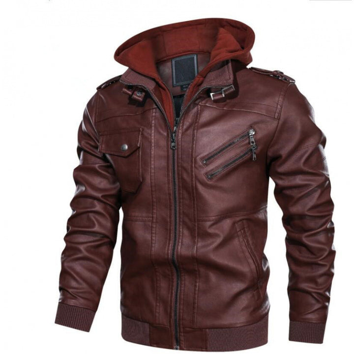Herren Lederjacke im modernen Biker-Stil mit abnehmbarer Kapuze Echoarchiv
