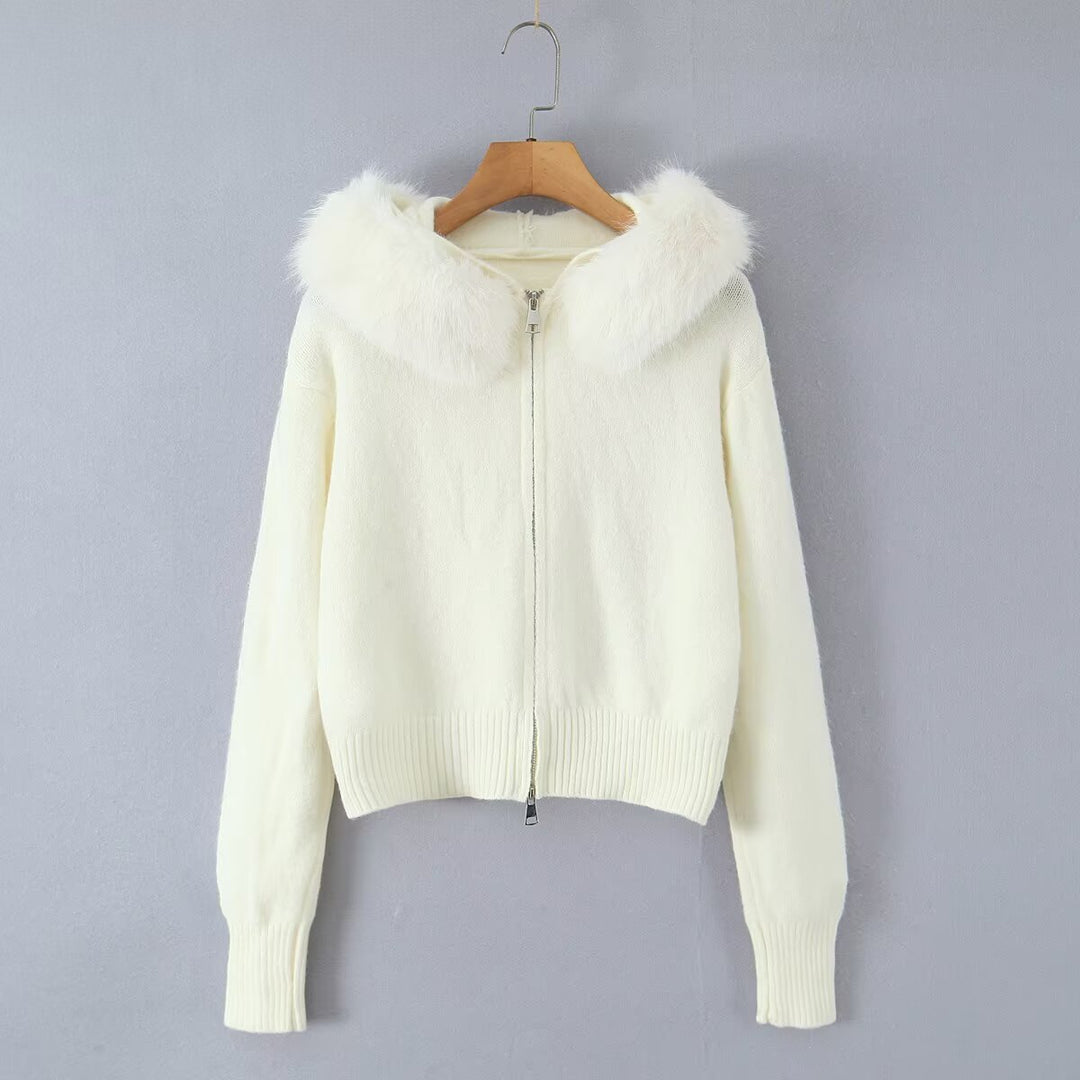 Damen Kurze Strickjacke mit Reißverschluss und abnehmbarem Kunstpelzkragen Echo Archiv