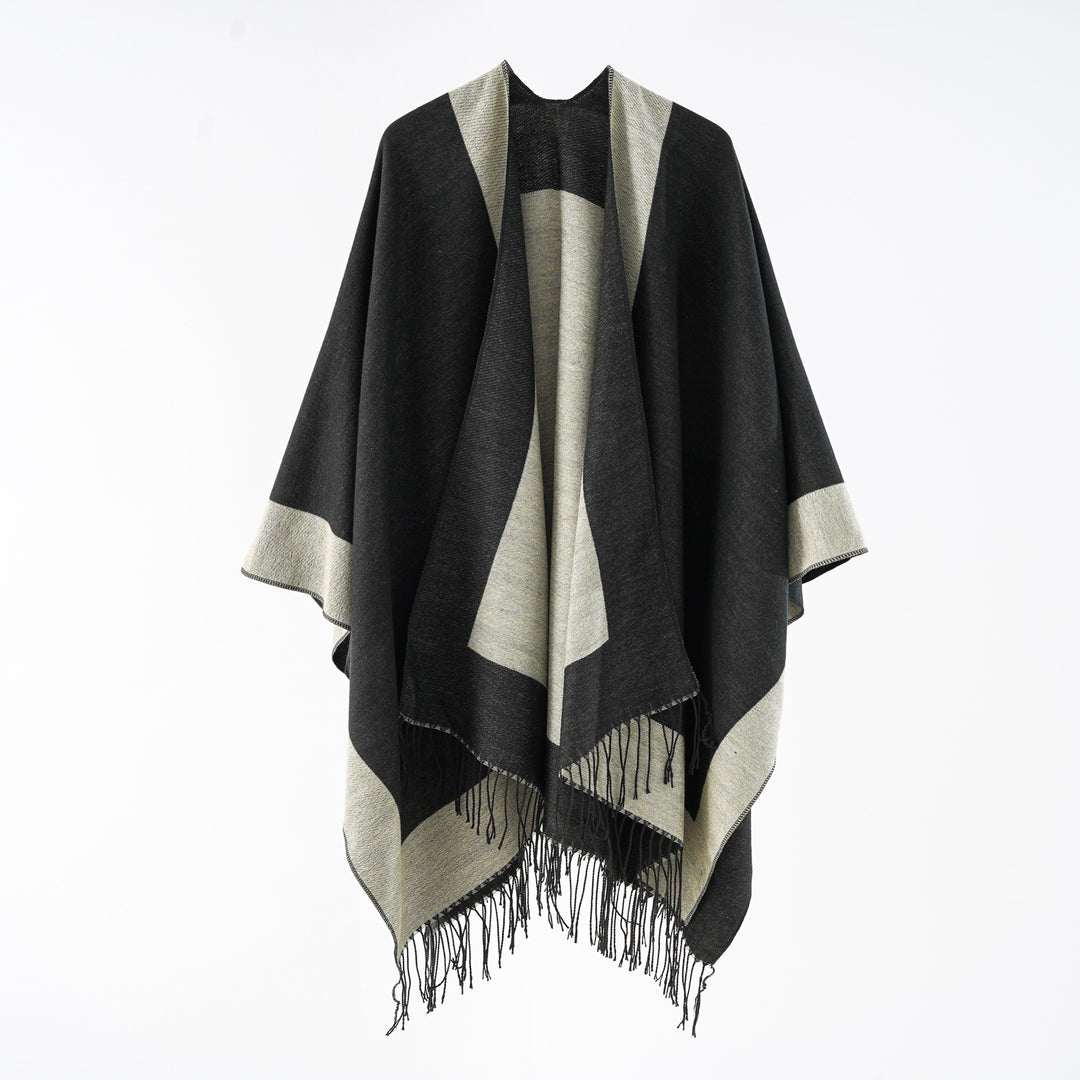 Damen Oversize-wendbarer Capeponcho aus Wollmix mit Fransen Echo Archiv