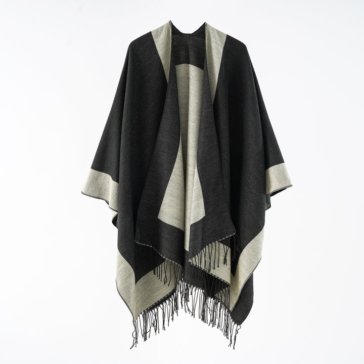 Damen Oversize-wendbarer Capeponcho aus Wollmix mit Fransen Echo Archiv