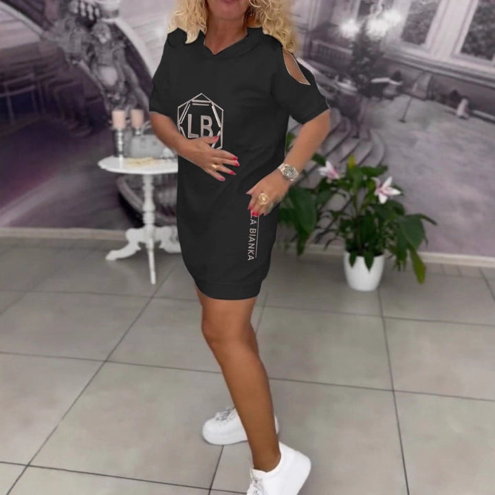 Damen nan sportliches Kapuzen-Tunika-Kleid mit Schulterauschnitten und Logoprint Echo Archiv