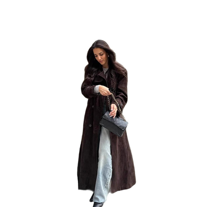 Damen Langer Velours-Trenchcoat mit Bindegürtel und Reverskragen Echoarchiv