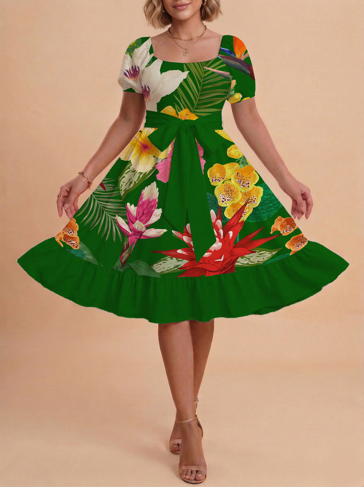 Damen modernes Blumenkleid mit elegantem Taillengürtel und asymmetrischem Saum Echo Archiv