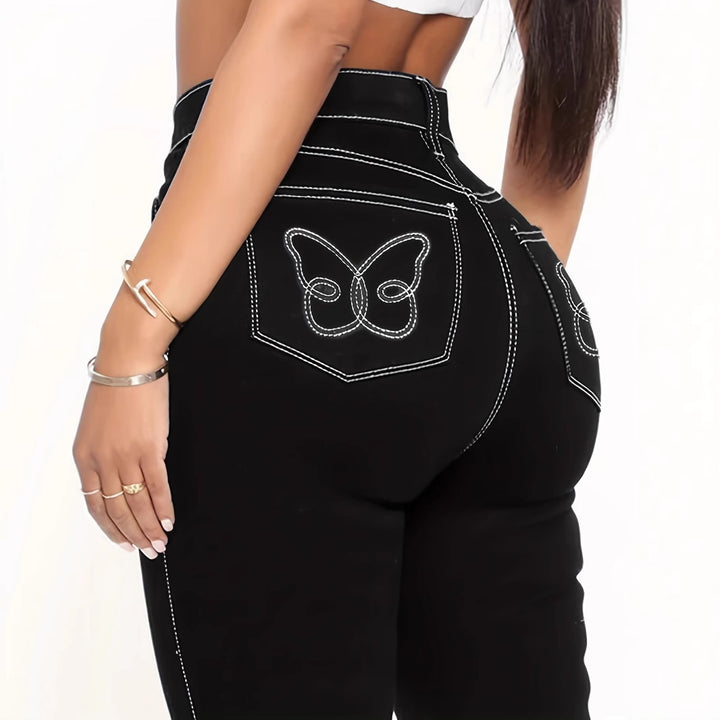 Damen Hochgeschnittene Sculpting-Skinny-Jeans mit kontrastierter Nahtführung und Schmetterlings-Stickerei Echo Archiv