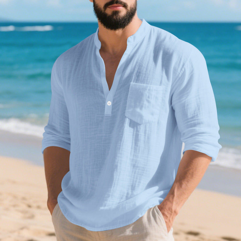 Herren lässiges Langarmshirt mit Hemdkragen und Brusttasche Echoarchiv