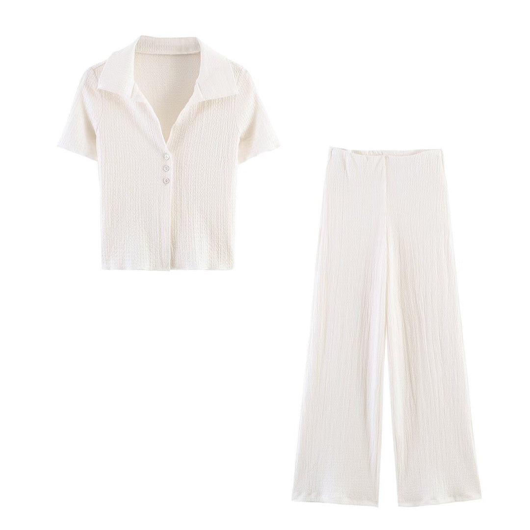 Damen Zweiteiliges Feinstrick-Set mit Kurzarm-Polokragen-Top und High‑Waist Weitbein‑Hose Echo Archiv