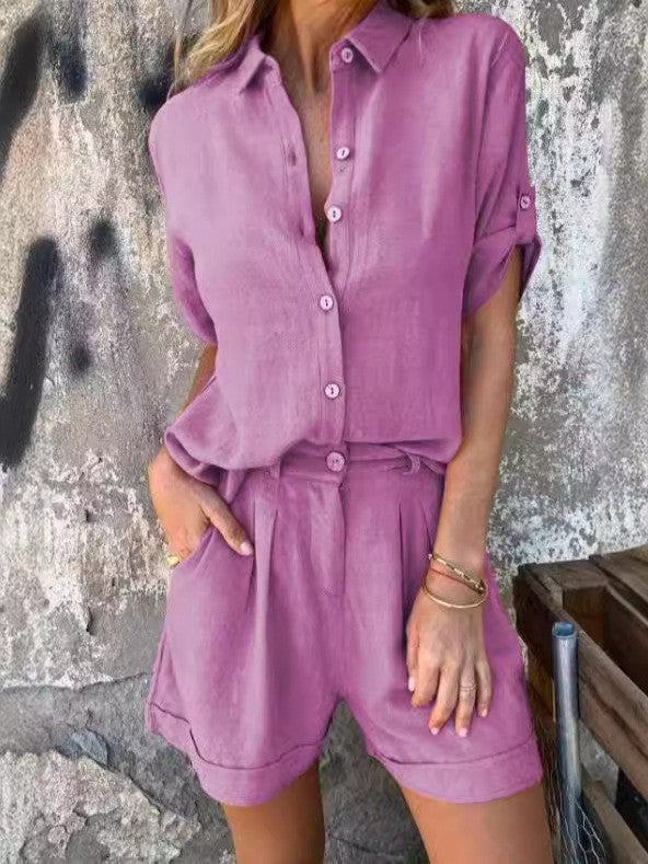 Damen Lässiges Jumpsuit mit Knopfverschlossenem Oberteil und Praktischem Taillenzug Echoarchiv