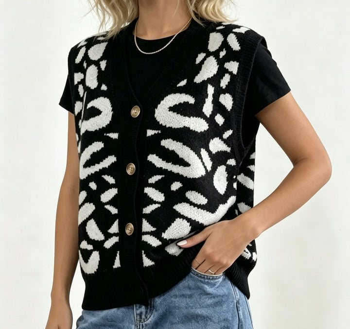 Damen Strickweste mit Animal-Jacquard und V-Ausschnitt – Célinea