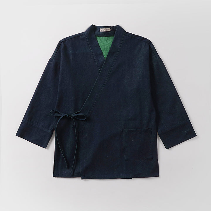 Unisex Leichte Wickel-Kimono-Jacke aus Leinen-Baumwollmix mit Kontrastbesatz und Bindegürtel Echoarchiv
