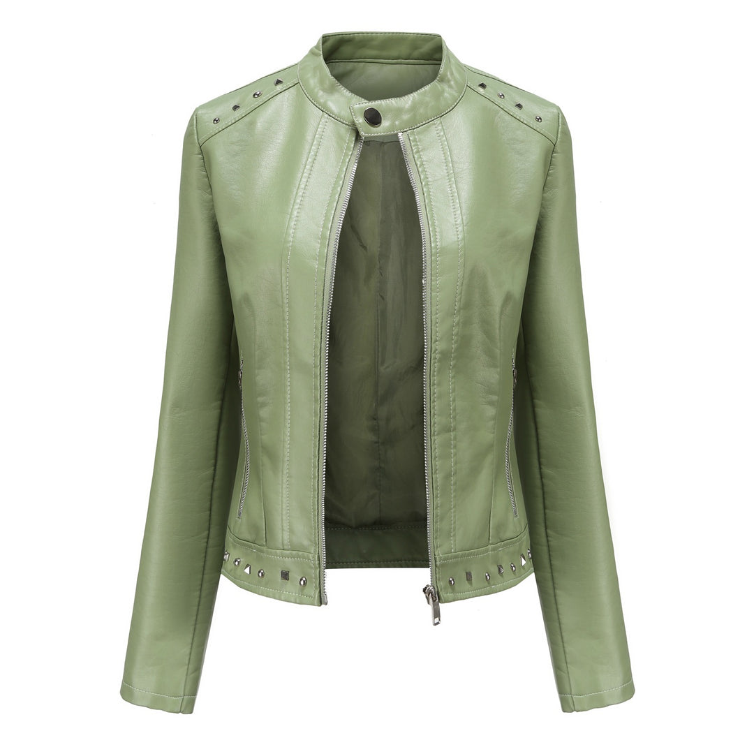Damen nan kurze taillierte Kunstlederjacke mit Stehkragen Zwei-Wege-Reißverschluss und Ziernietensaum Echo Archiv
