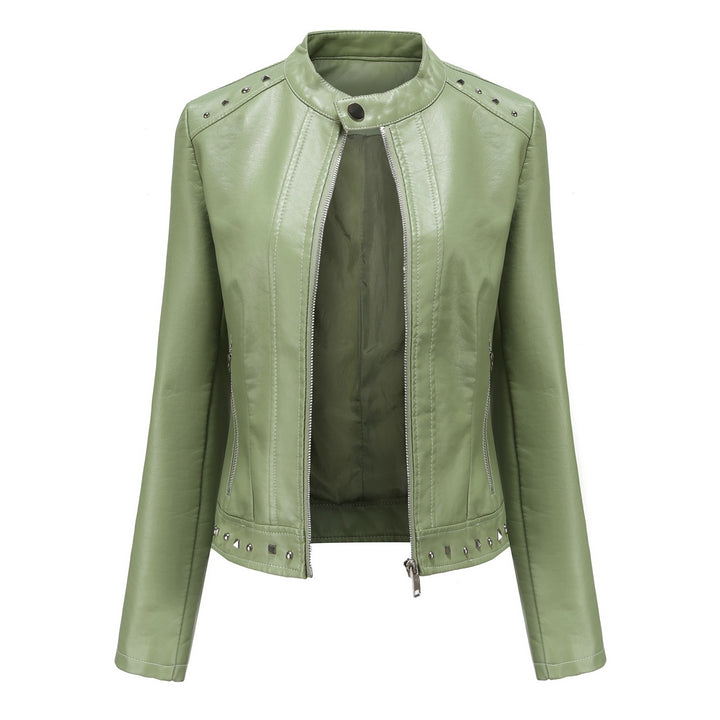 Damen nan kurze taillierte Kunstlederjacke mit Stehkragen Zwei-Wege-Reißverschluss und Ziernietensaum Echo Archiv