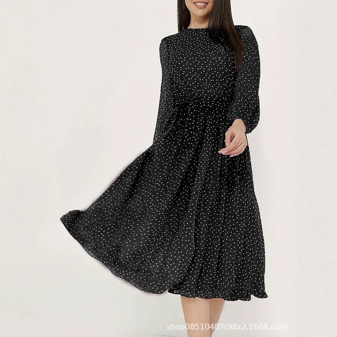 Damen Midikleid mit Punkten, taillierter Bindegürtel und Volantrock – Élara