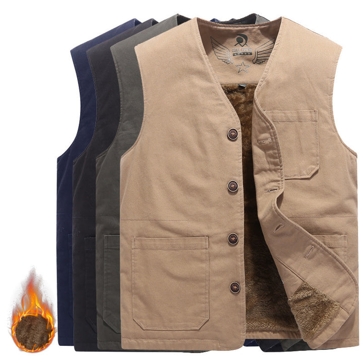 Herren Gefütterte Canvas-Weste mit durchgehendem Teddyfutter, Knopfleiste und aufgesetzten Taschen – Taviero