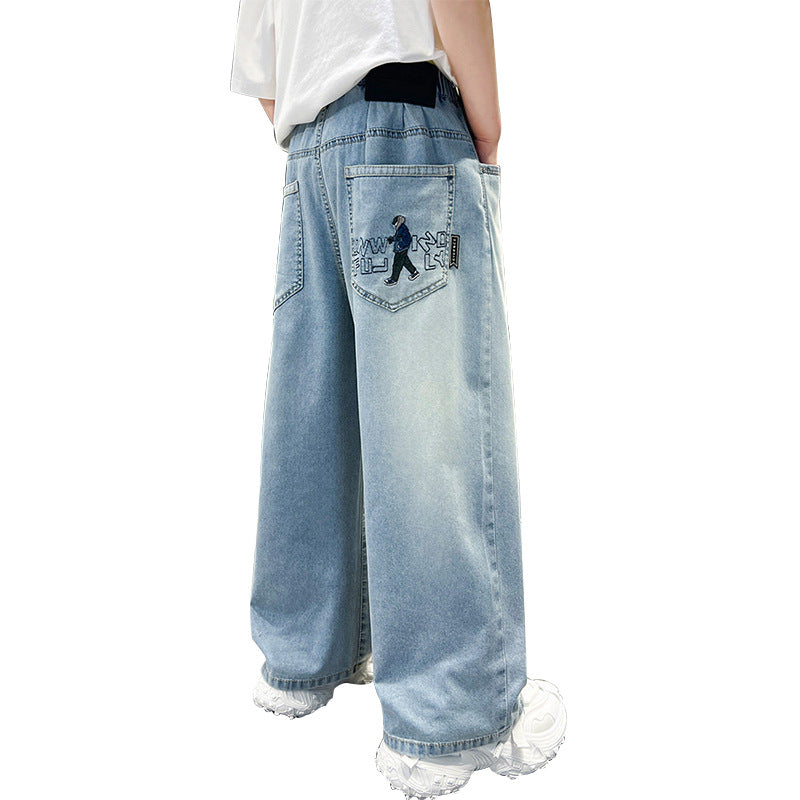 Unisex Weit geschnittene Denim-Hose mit kreativem Stickdesign Echo Archiv