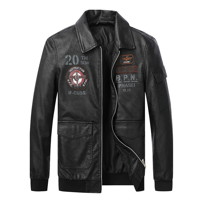 Herren Pilotenjacke aus Kunstleder mit Emblem-Patches, Pattentaschen und Rippbündchen Echo Archiv