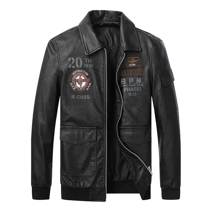 Herren Pilotenjacke aus Kunstleder mit Emblem-Patches, Pattentaschen und Rippbündchen Echo Archiv