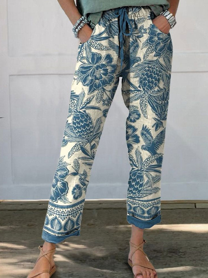 Damen Leinenoptik-Hose mit floralem Print, weitem Bein und Tunnelzug – Avélisse
