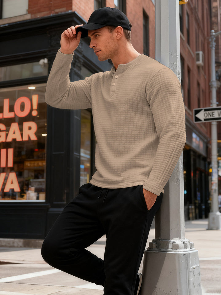 Herren nan strukturiertes Henley-Langarmshirt aus Waffelstrick mit Stehkragen und schmaler Silhouette Echo Archiv