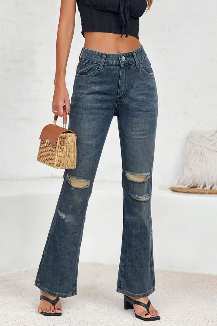 Damen nan High‑Waist Schlagjeans mit Distressed-Kniepartie und strukturierter Denim-Optik Echo Archiv