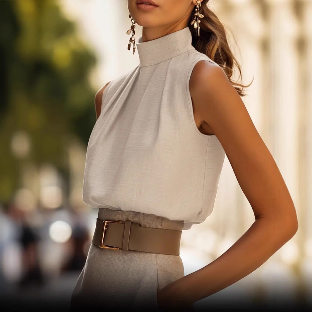 Damen Elegantes Blusenshirt mit Stehkragen und Faltenwurf Echoarchiv