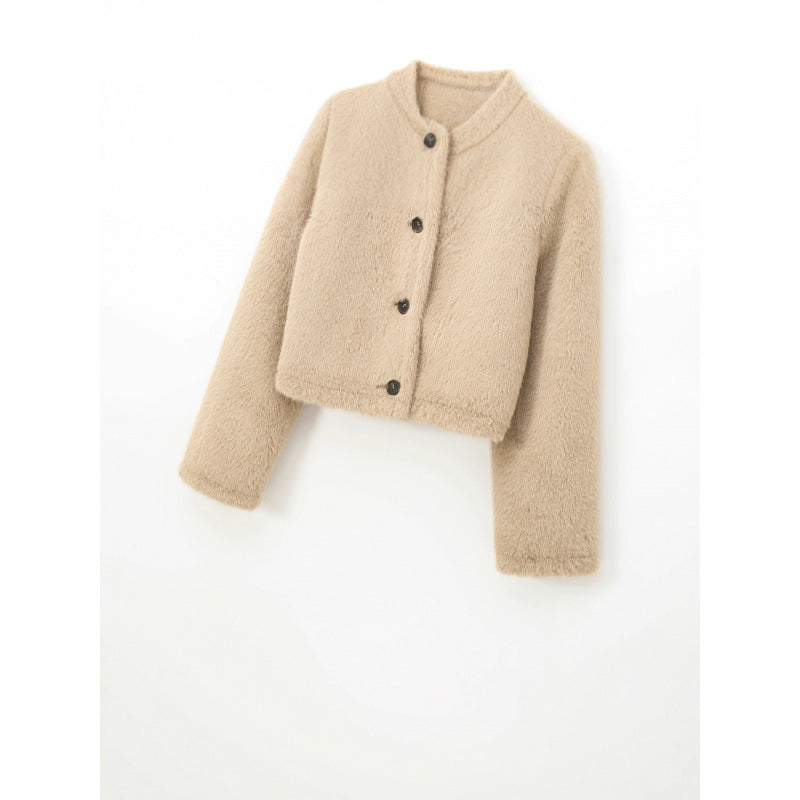 Damen Cropped Teddy‑Jacke mit geradem Saum, Rundhals und Hornknopfverschluss Echo Archiv