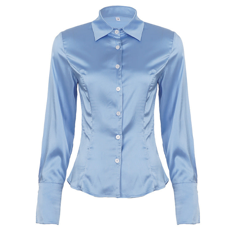 Damen Taillierte Satin-Bluse mit Hemdkragen, figurnahen Abnähern und langen Manschetten Echo Archiv