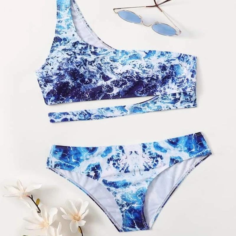 Damen Sport-Bikini mit asymmetrischem Schnitt und modischem Wasser-Motiv Echo Archiv