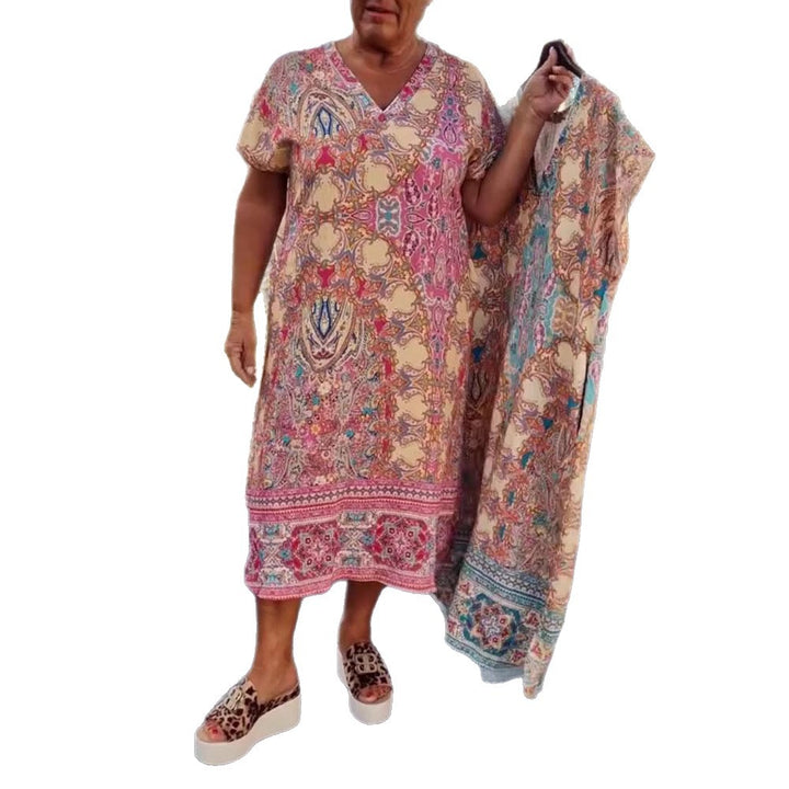 Damen nan fließendes Midikleid im Tunika‑Kaftan‑Mix mit V‑Ausschnitt kurzen Ärmeln lockerer Passform und passendem Pareo Echo Archiv